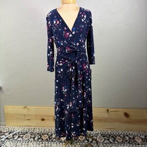 NWT Ralph Lauren Floral Faux Wrap Midi Dress 10P Navy Blue Jersey Knit Career